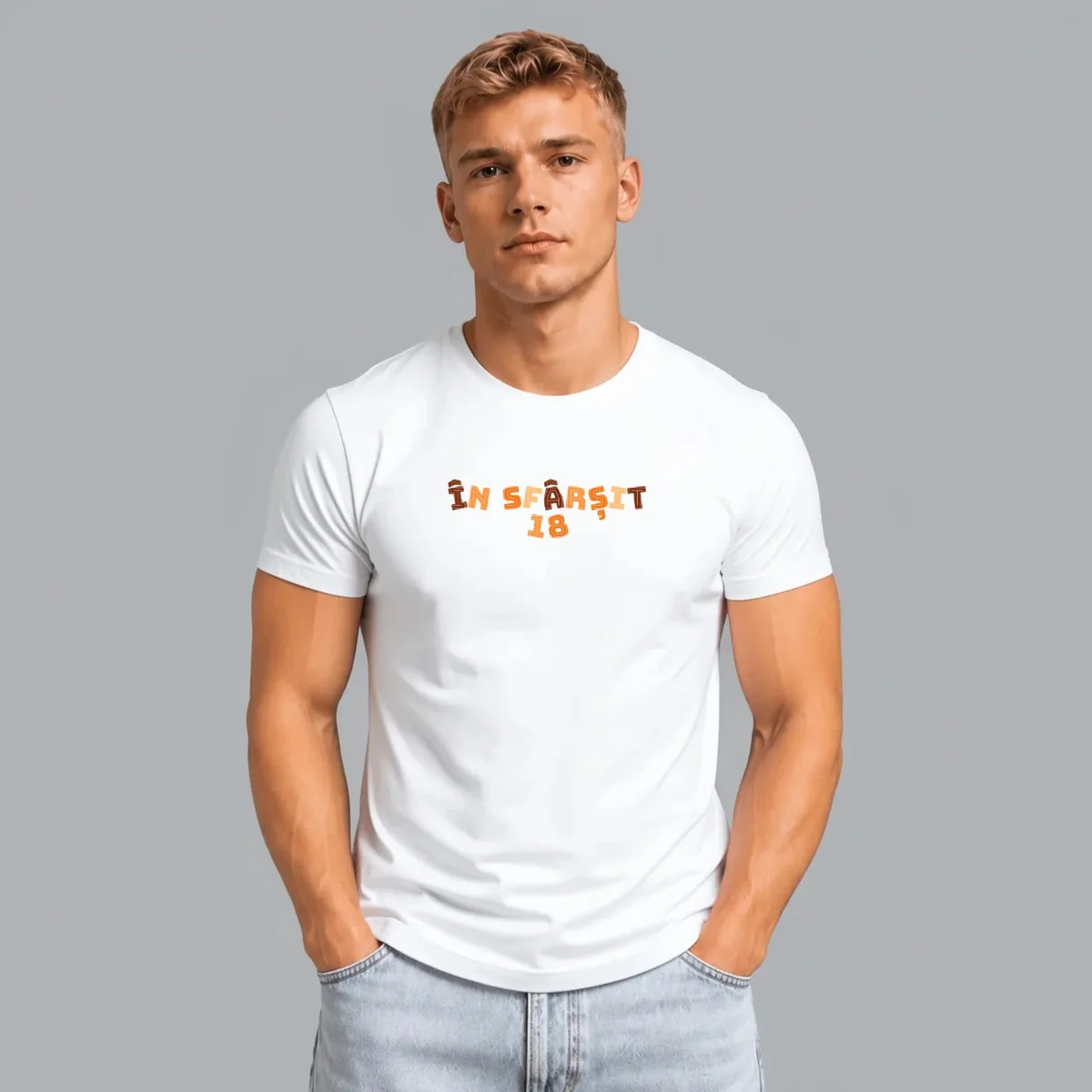 Tricou „În sfârșit 18” — Alb, Față