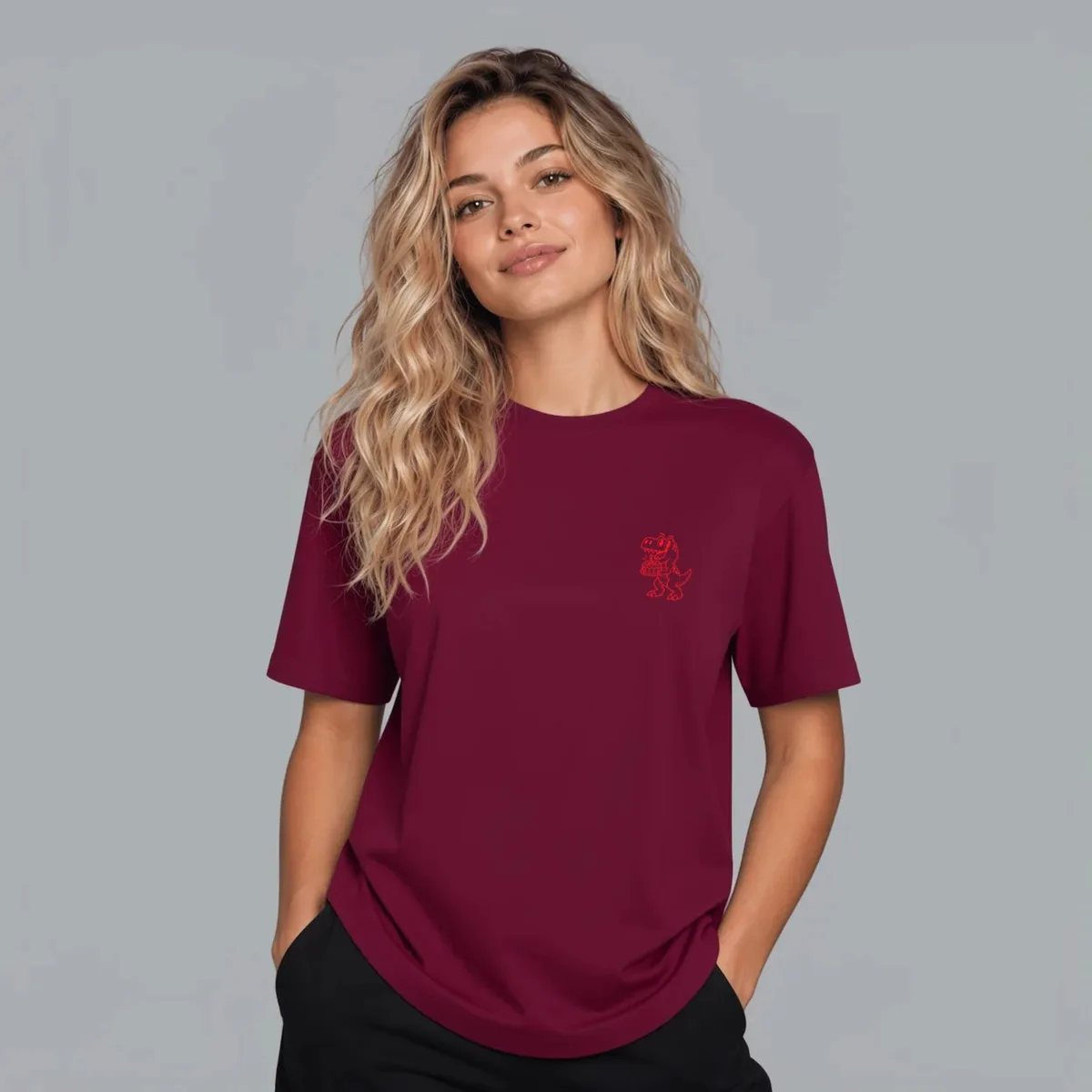 “PartySaurus” T-shirt — Garnet, Front