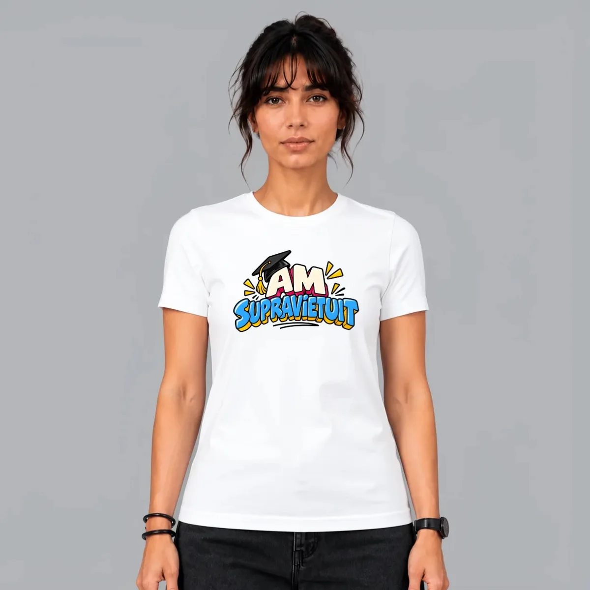 Tricou Am Supravietuit — Alb, Față
