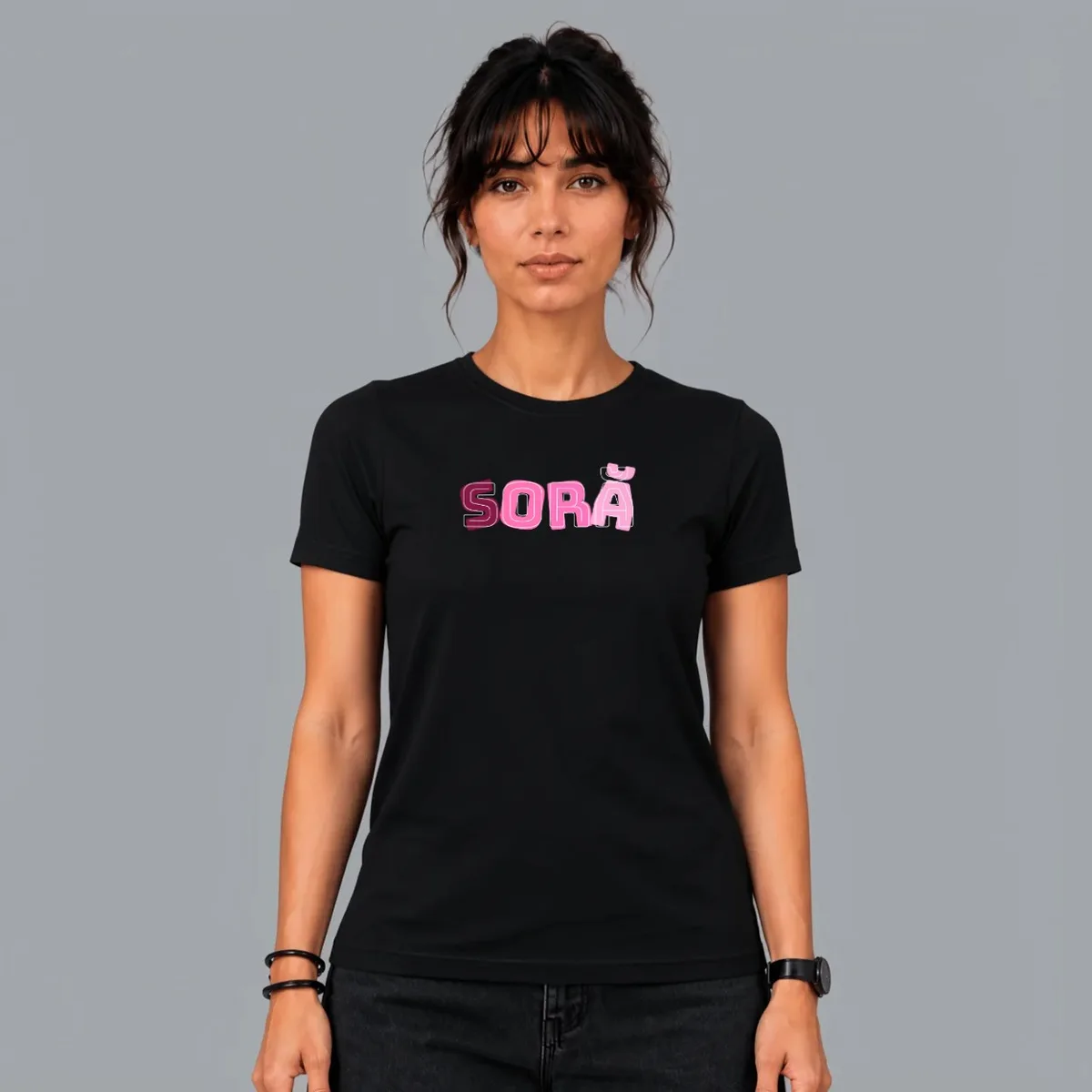 “Soră” T-shirt — Black, Front