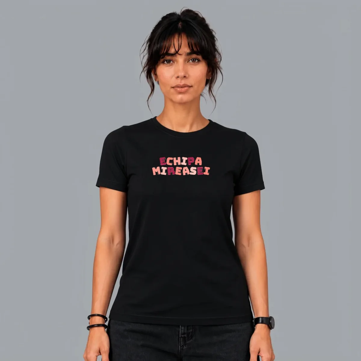 “Echipa miresei” T-shirt — Black, Front